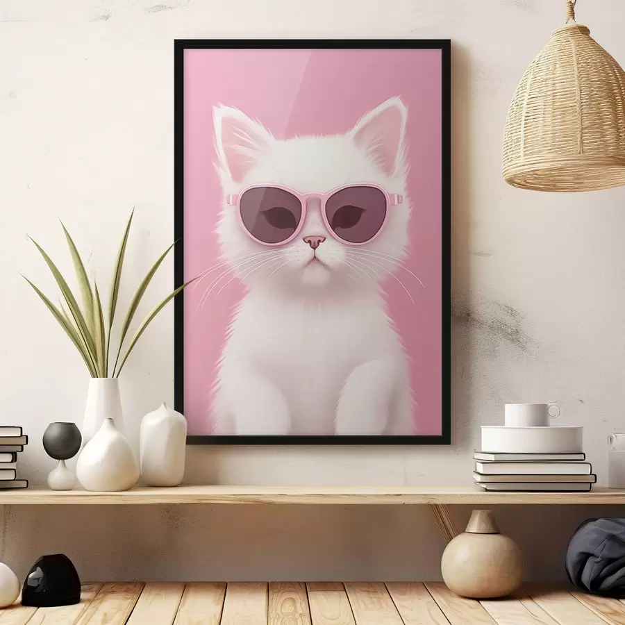 Papier peint photo Chat blanc avec des lunettes roses f45145