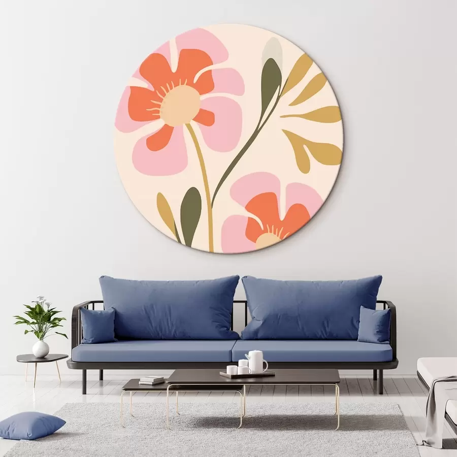  Schilderijen Gestileerde roze en oranje bloemen met groene bladeren r45140