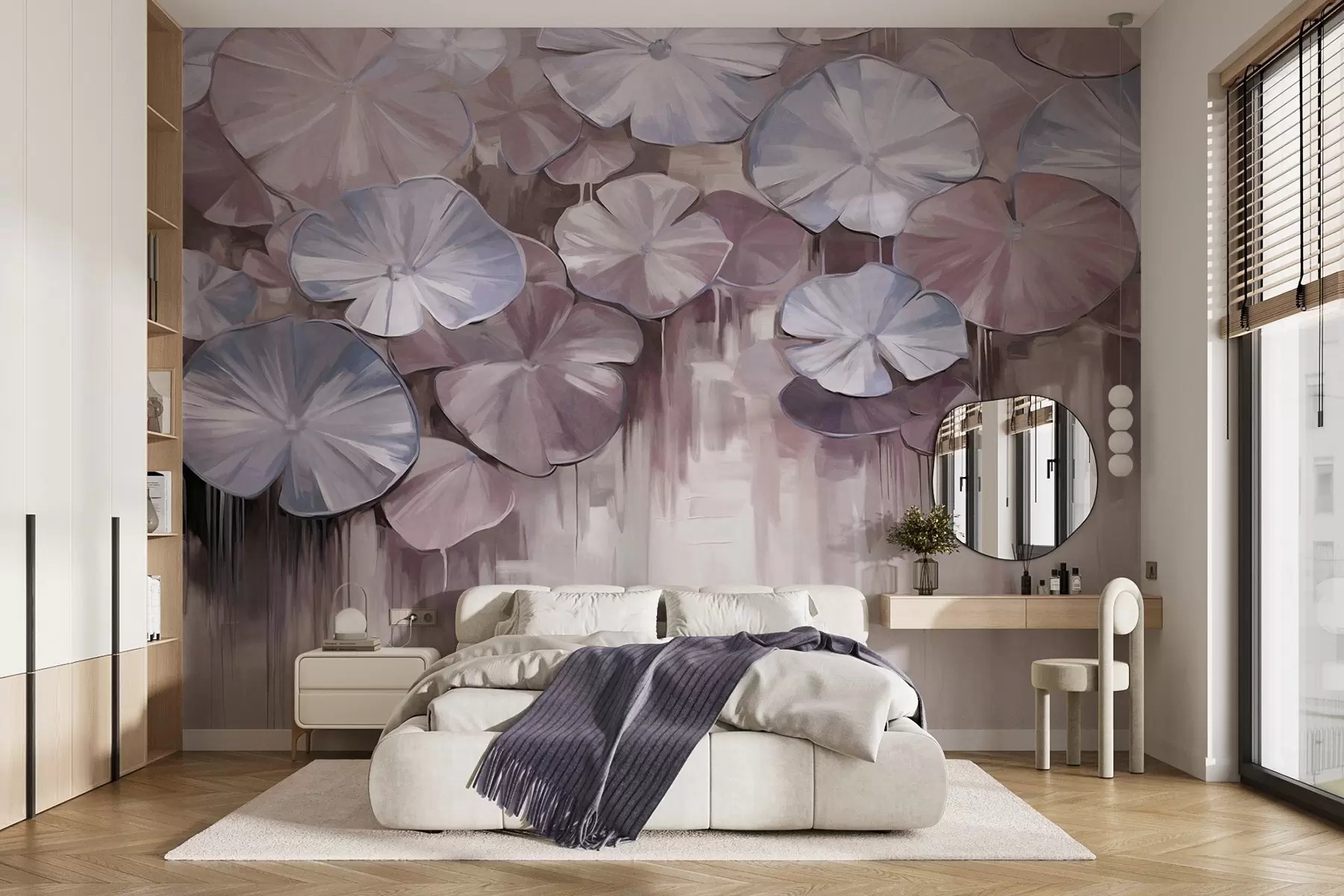 Fotobehang Gestructureerde leliebladkussens met violette en blauwe kleuren in een vijver, de achtergrond is een wazige mix van zachte paarstinten w09255v1