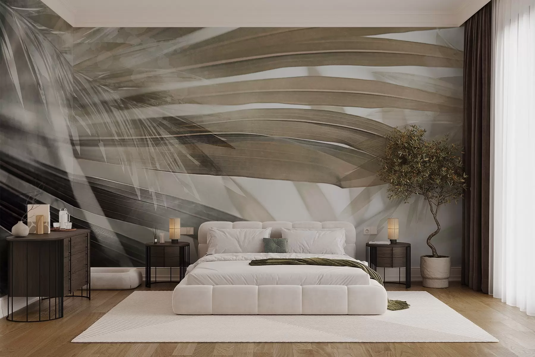 Fotobehang Palmbladeren met een lichtbruine tint, die elkaar overlappen en een gelaagd effect creëren, tegen een zachte, neutrale achtergrond w09256