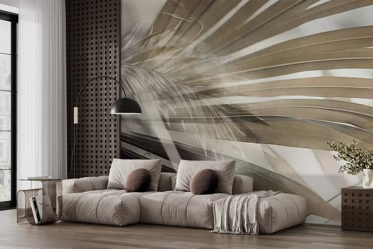 Fotobehang Palmbladeren met een lichtbruine tint, die elkaar overlappen en een gelaagd effect creëren, tegen een zachte, neutrale achtergrond w09256