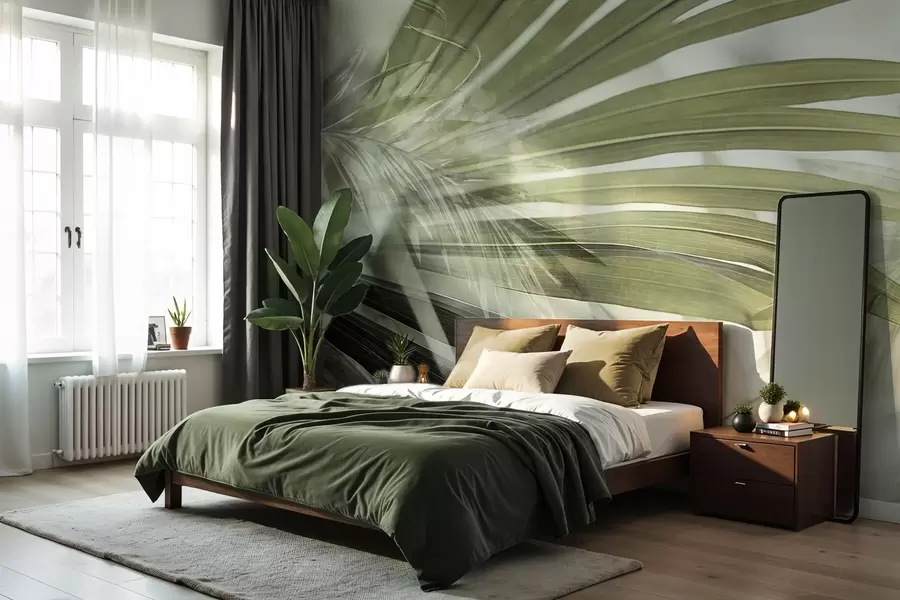 Papier peint photo Feuilles de palmier de teinte vert clair, se chevauchant et créant un effet de superposition, sur un fond doux et neutre w09256v1