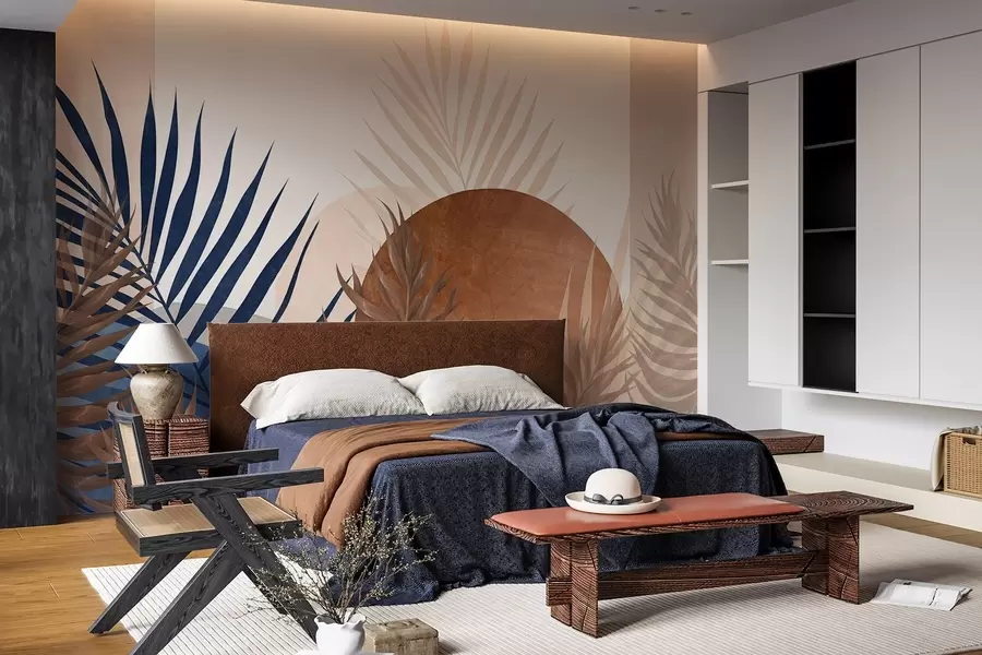 Fotobehang Abstracte getextureerde compositie met tropische bladeren in blauwe en aardse tinten, met een grote ronde vorm w09257