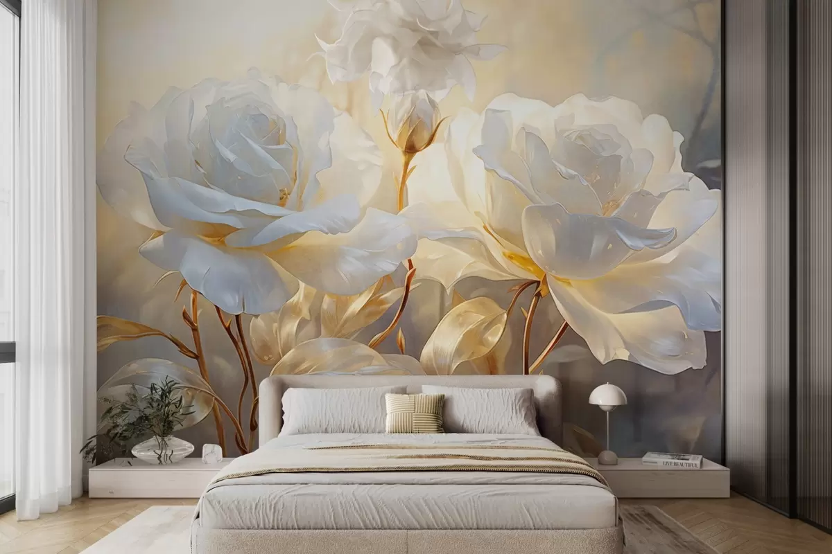 Papier peint photo Roses blanches texturées avec des tiges et des feuilles jaunes, éclairage doux, fond clair avec des formes florales floues w09258