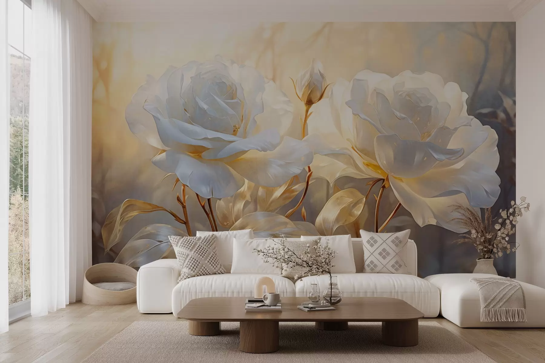 Fotobehang Witte gestructureerde rozen met gele stelen en bladeren, zachte verlichting, lichte achtergrond met onscherpe bloemvormen w09258