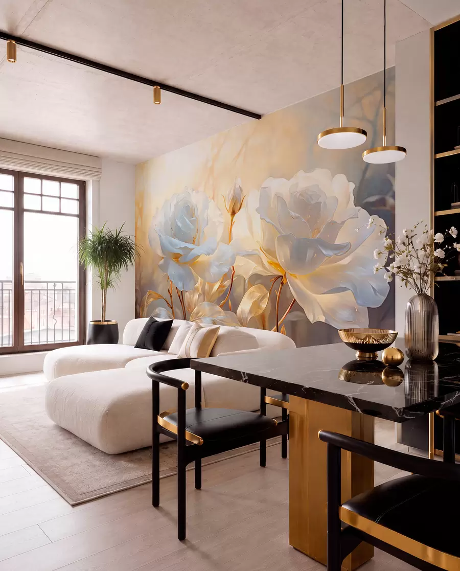 Fotobehang Witte gestructureerde rozen met gele stelen en bladeren, zachte verlichting, lichte achtergrond met onscherpe bloemvormen w09258