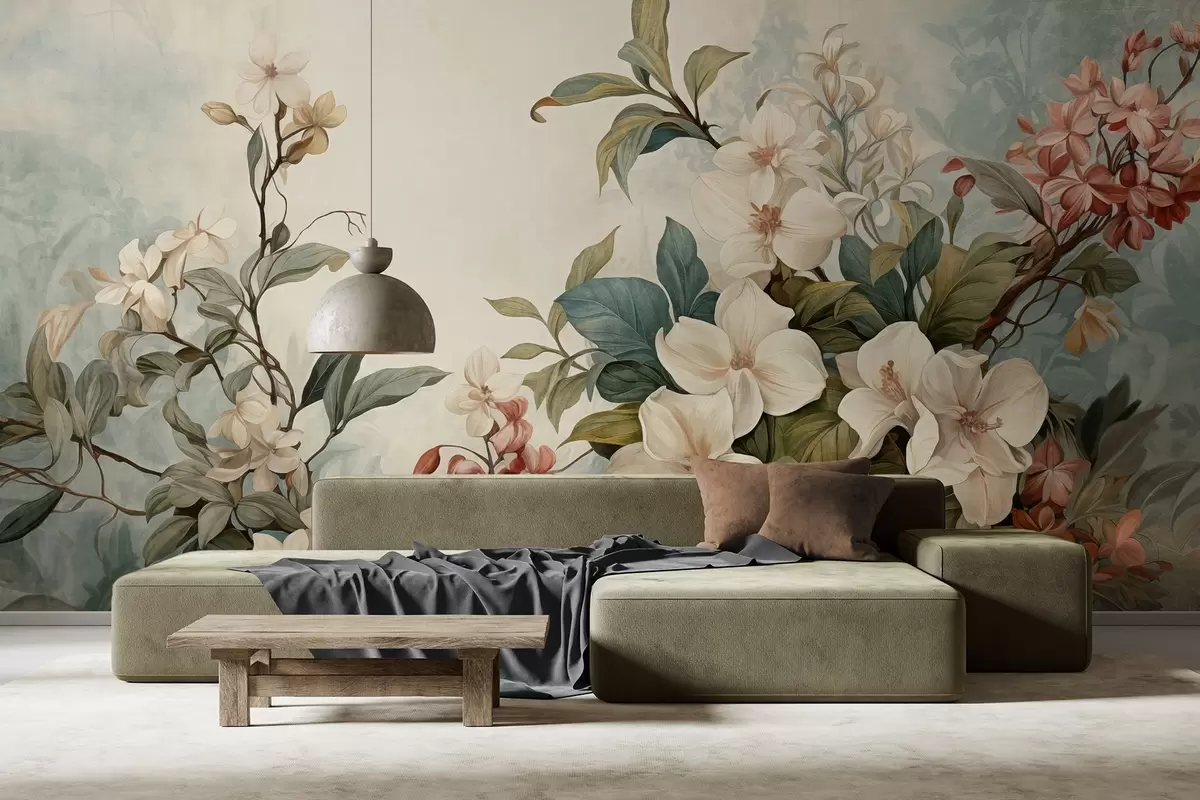 Fotobehang Gestructureerde tropische bloemen en bladeren met zachte blauwe en groene tinten, fijne penseelstreken, vintage botanische stijl w09259