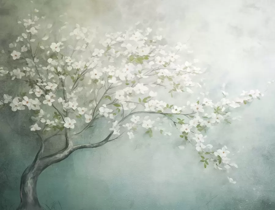 Fotobehang Een bloeiende boom met witte bloemen in volle bloei, tegen een korrelige achtergrond met ruisende structuur van gedempt blauw en groen w09261