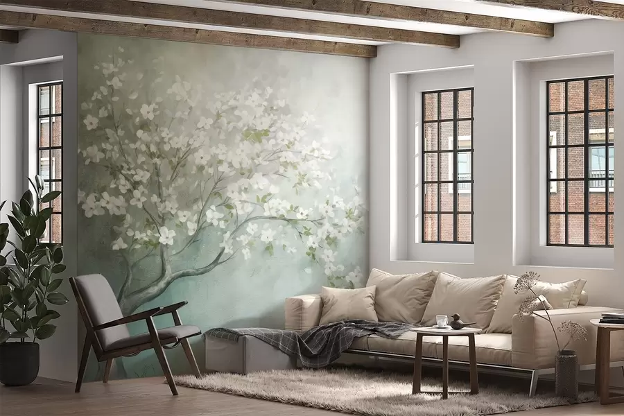 Fotobehang Een bloeiende boom met witte bloemen in volle bloei, tegen een korrelige achtergrond met ruisende structuur van gedempt blauw en groen w09261