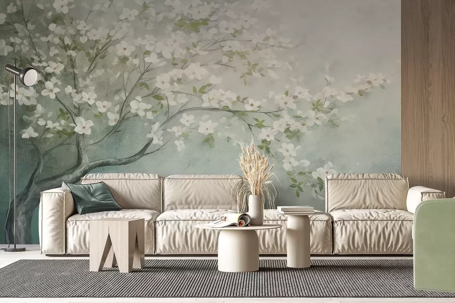 Fotobehang Een bloeiende boom met witte bloemen in volle bloei, tegen een korrelige achtergrond met ruisende structuur van gedempt blauw en groen w09261