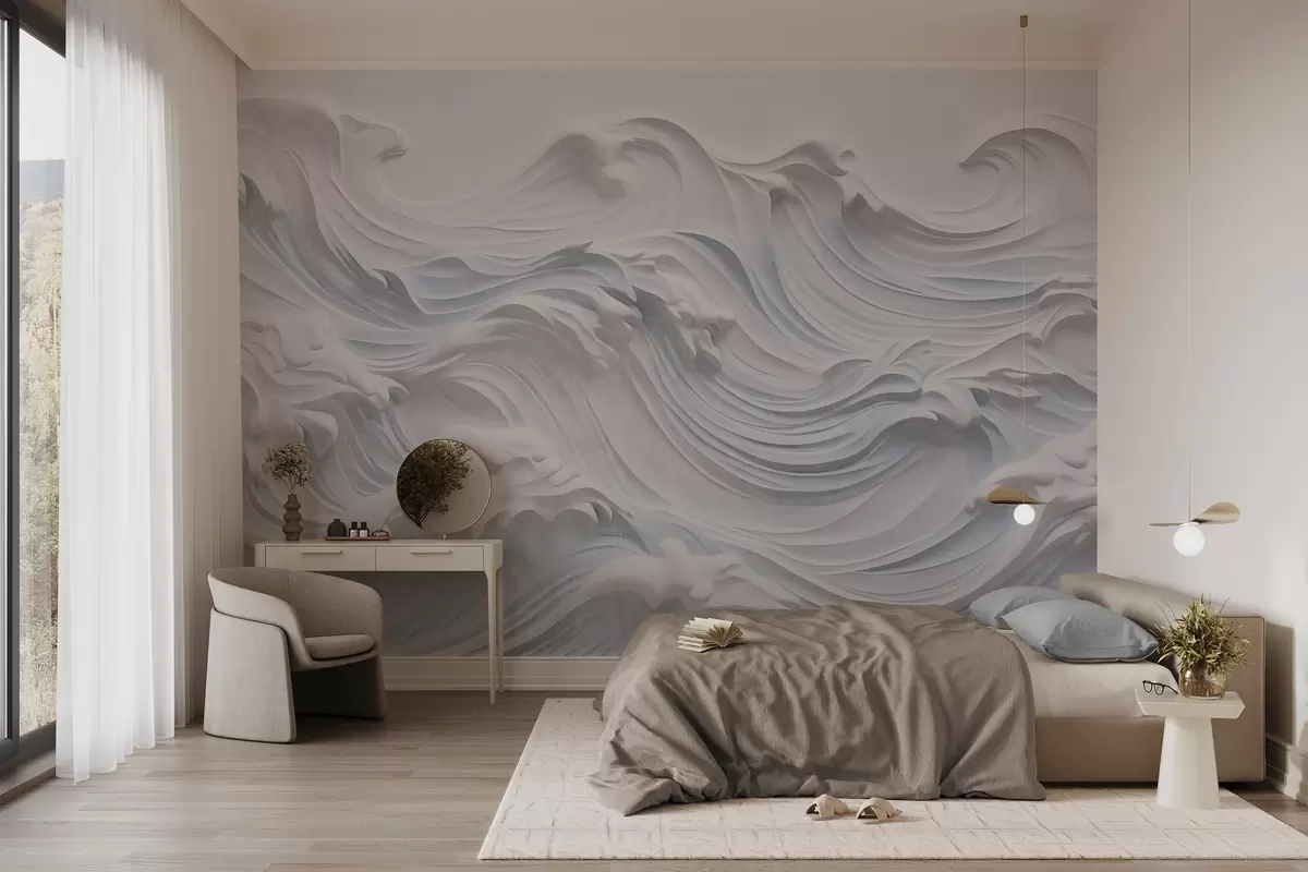 Fotobehang Witte en lichtblauwe getextureerde abstracte oceaangolven met schuim, stromend van links naar rechts, dynamische en getextureerde print w09266
