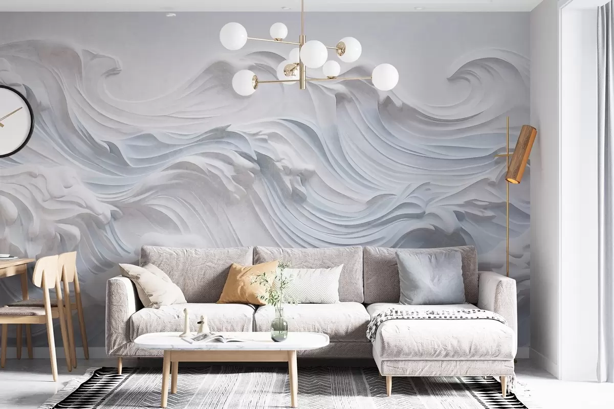 Fotobehang Witte en lichtblauwe getextureerde abstracte oceaangolven met schuim, stromend van links naar rechts, dynamische en getextureerde print w09266