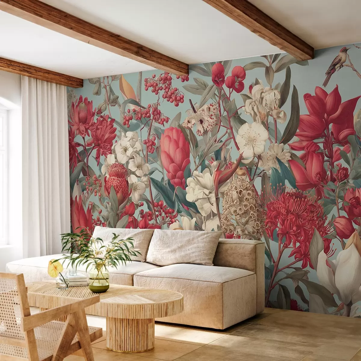 Fotobehang gestructureerde tropische bloemen op een blauwe achtergrond w04209