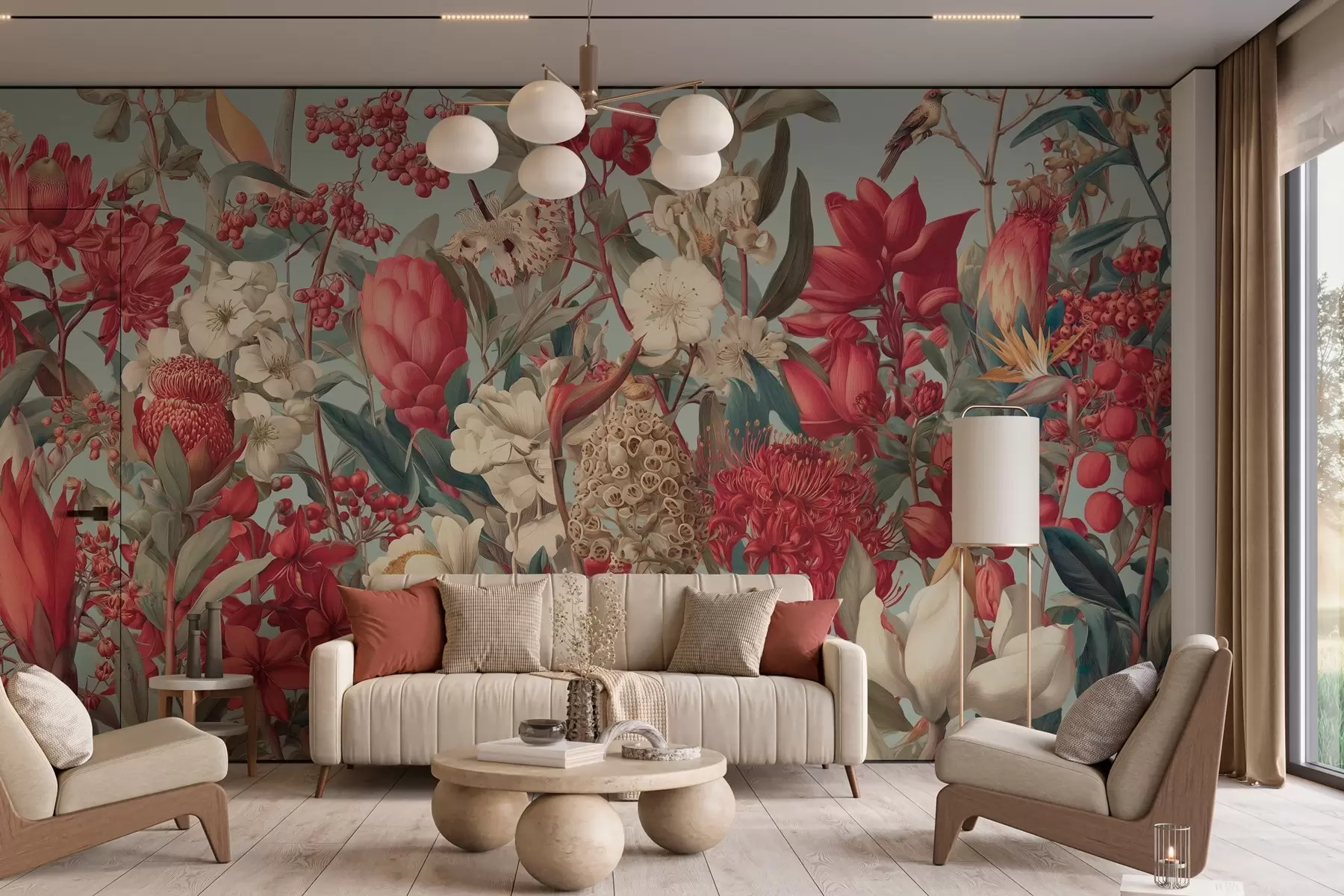 Papier peint photo fleurs tropicales texturées sur fond bleu w04209