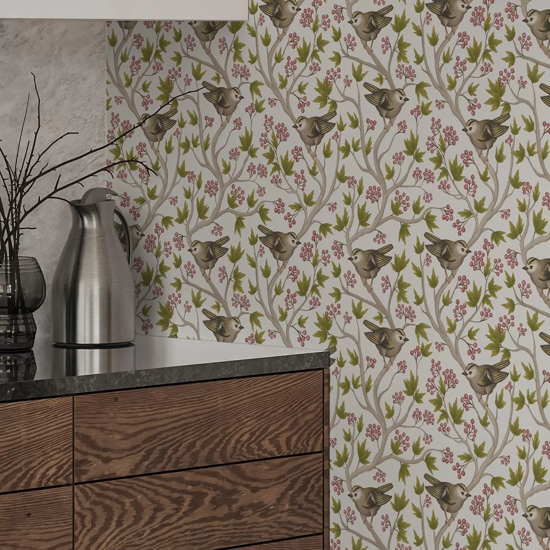 Fotobehang Vogels op takken met bladeren en bessen op een witte achtergrond a00283