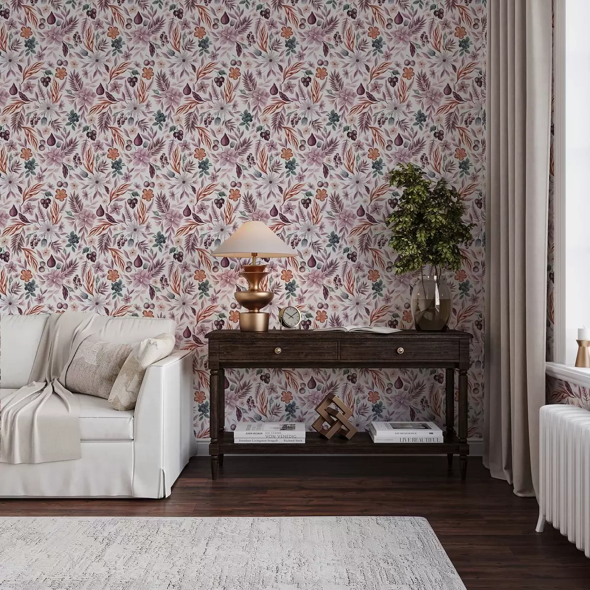 Papier peint Baies, fleurs et feuilles éclatantes en style aquarelle a00298
