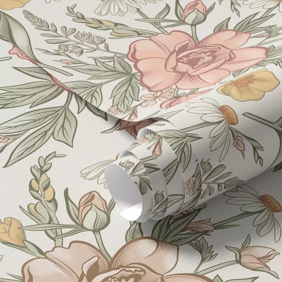 Fotobehang Madeliefjes, pioenrozen, lelies en bladeren in delicate kleuren a00299