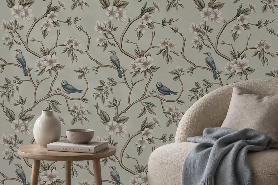 Fotobehang Takken met vogels en witte bloemen op een delicate achtergrond a00303