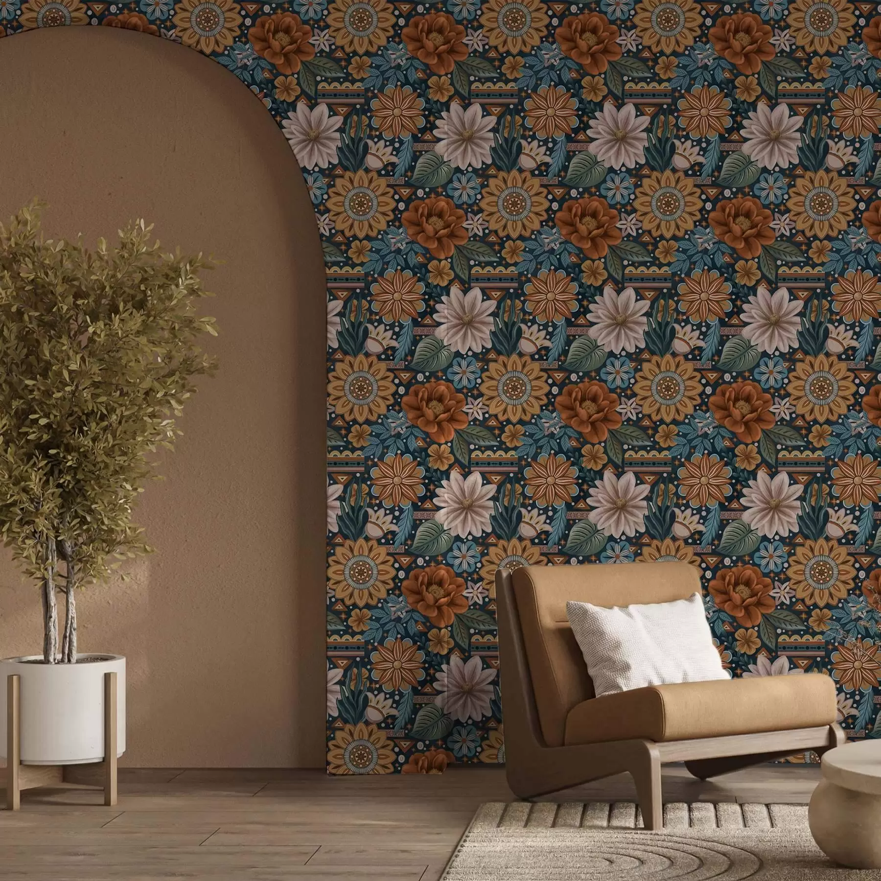 Fotobehang Heldere decoratieve bloemen met geometrische elementen a00305