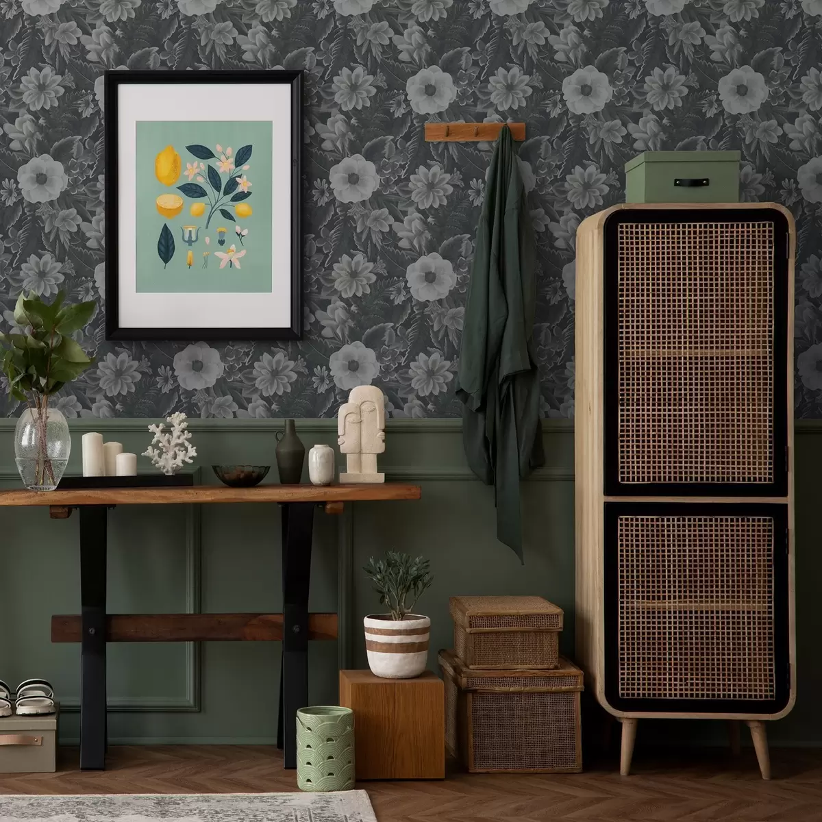 Papier peint Motif floral gris et blanc avec effet rétro a00307