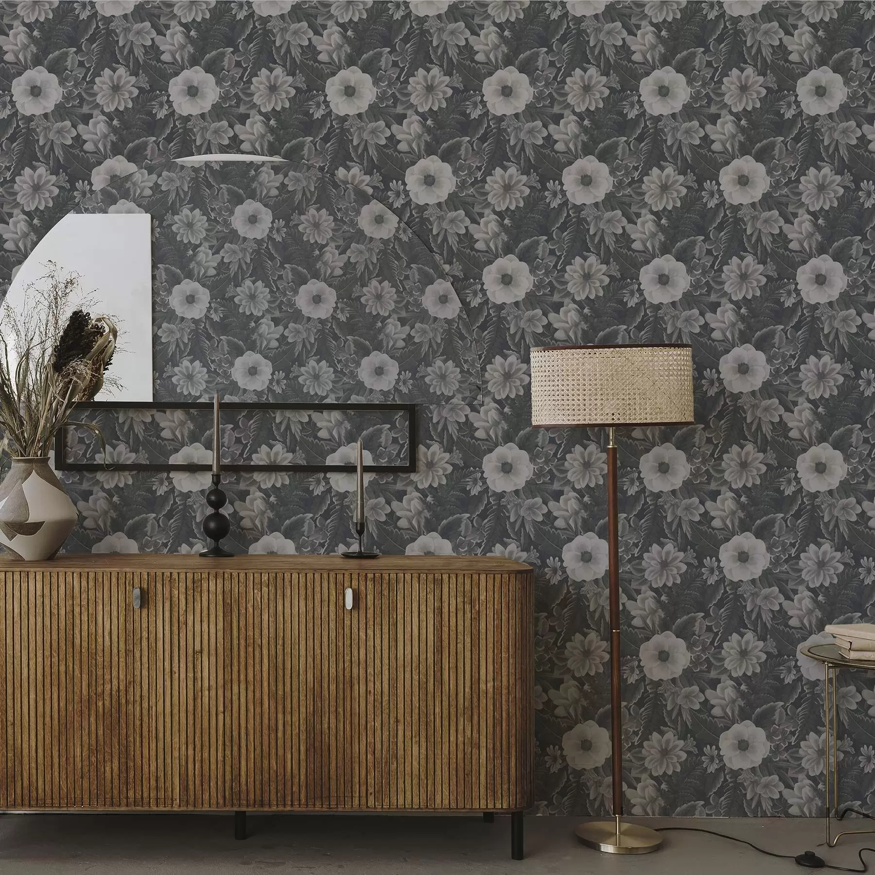 Fotobehang Grijs en wit bloemenpatroon met retro-effect a00307