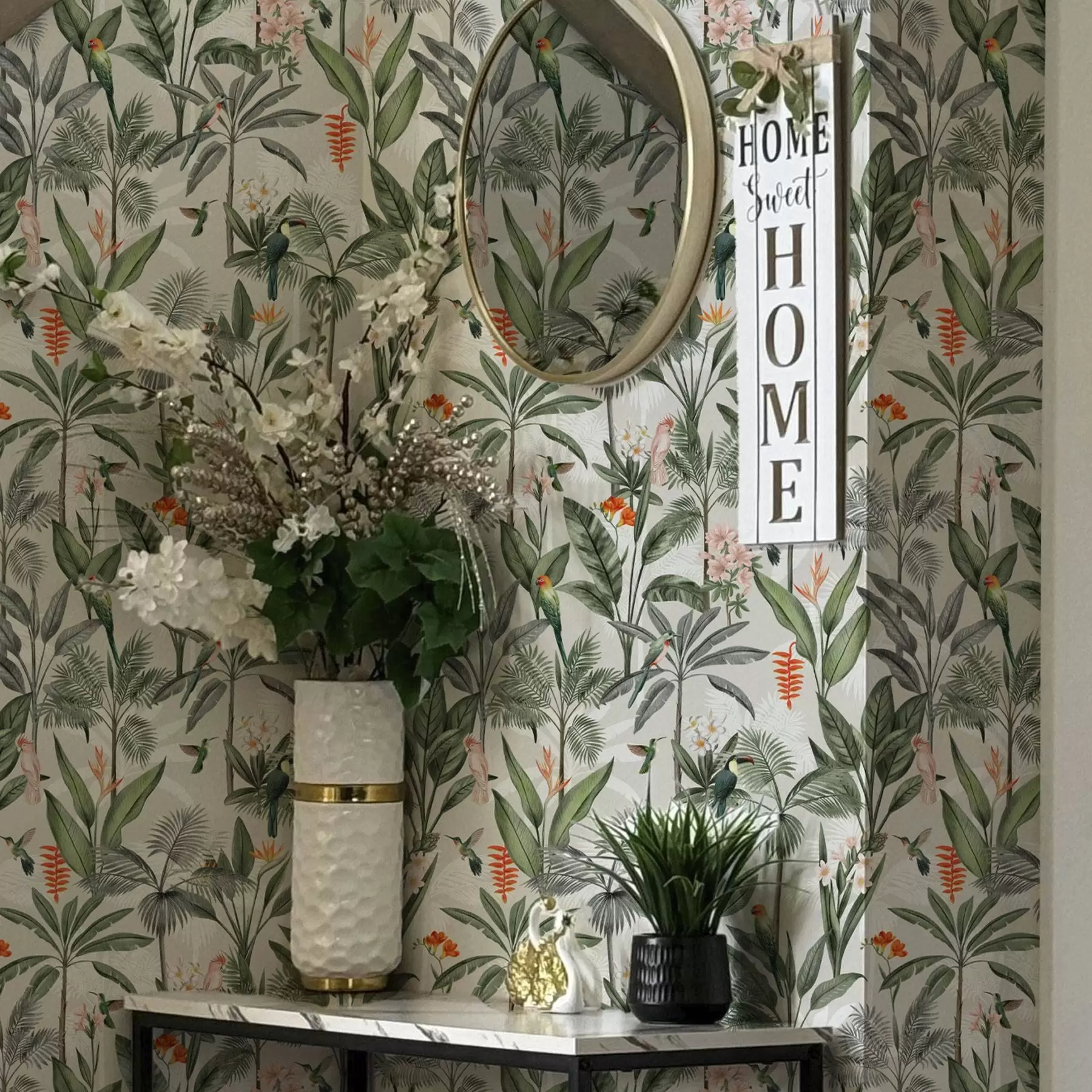 Fotobehang Tropische vogels tussen palmbladeren a00308