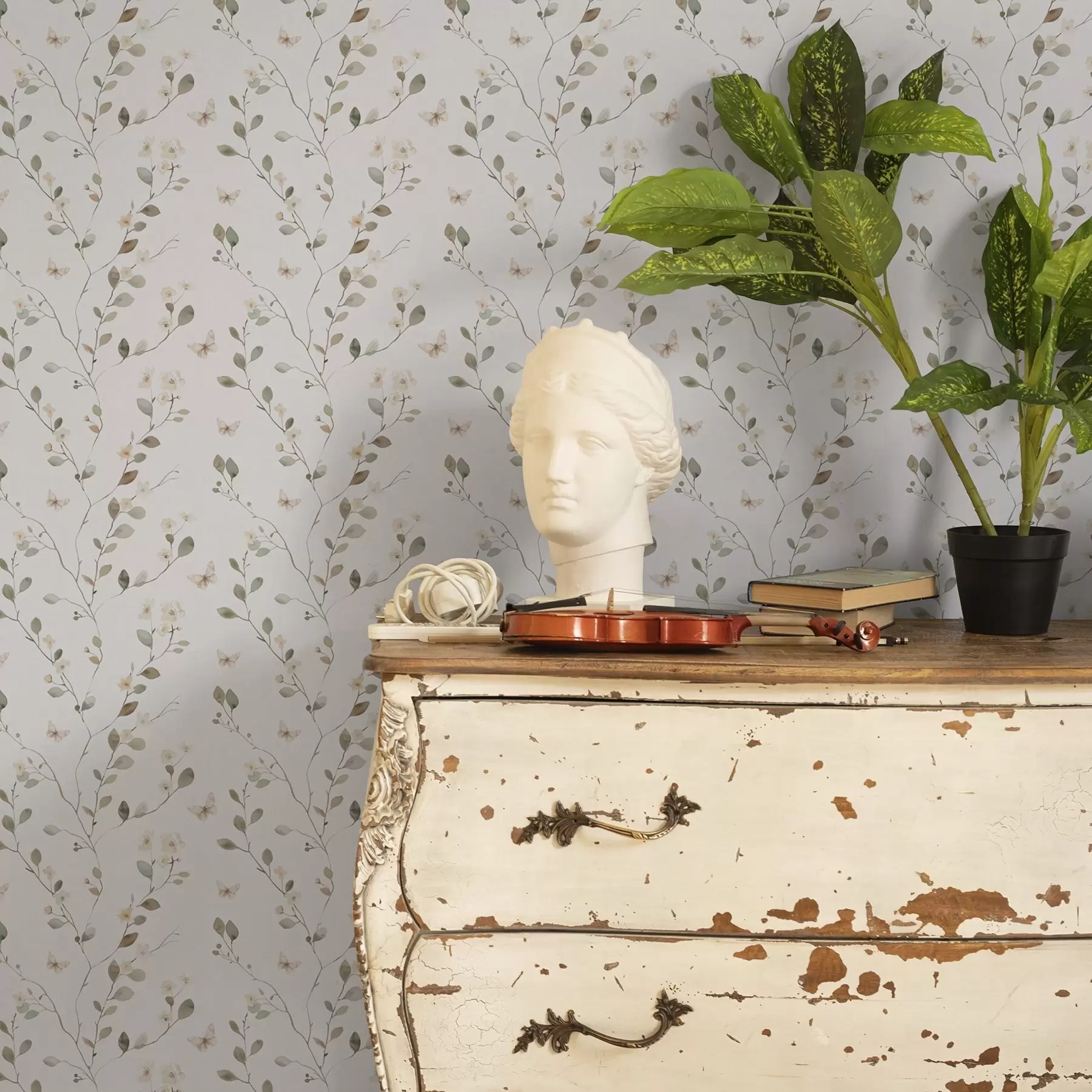 Fotobehang Dunne takken met bloemen en vlinders op witte achtergrond a00342