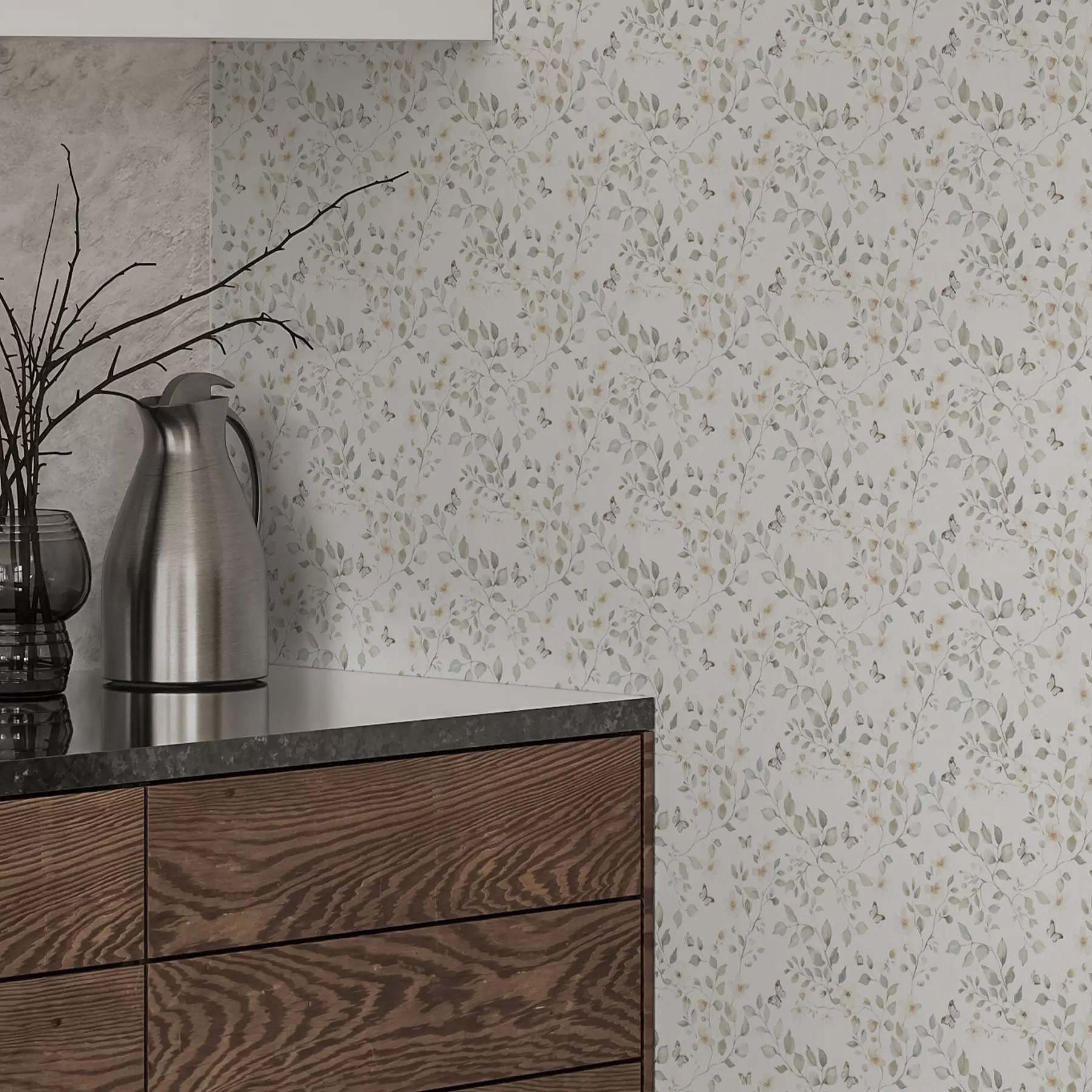 Fotobehang Lichte takken met bladeren en bloemen in kleine herhaling a00343