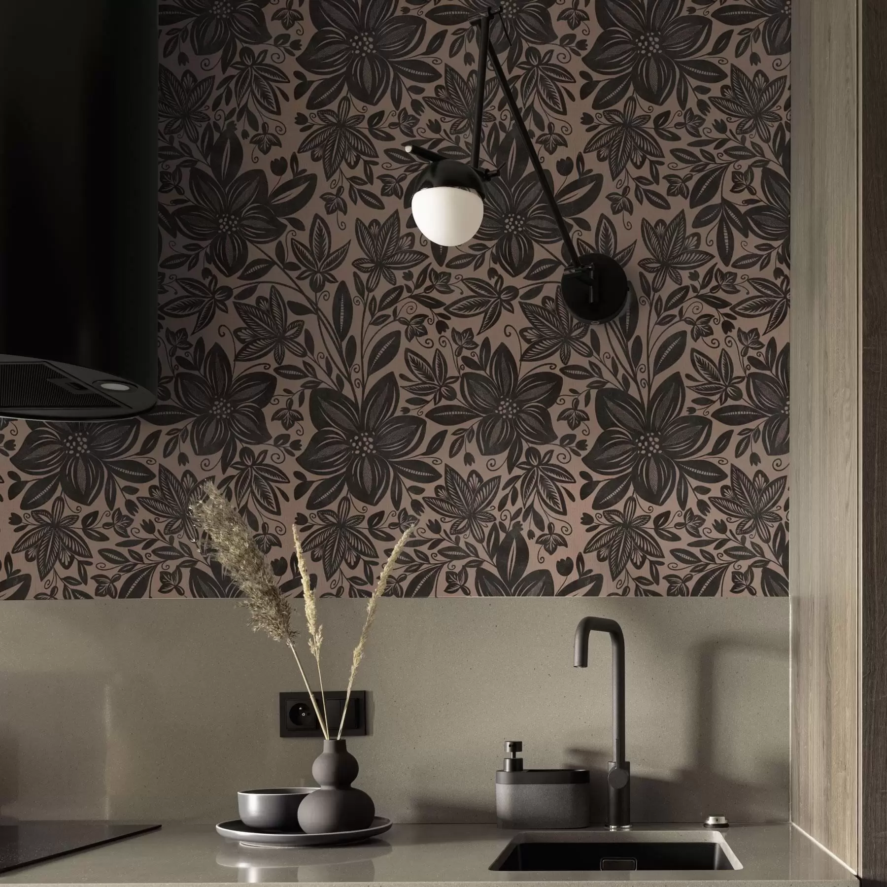 Papier peint photo Motif floral ethnique noir et rose et motif floral ethnique rose a00351