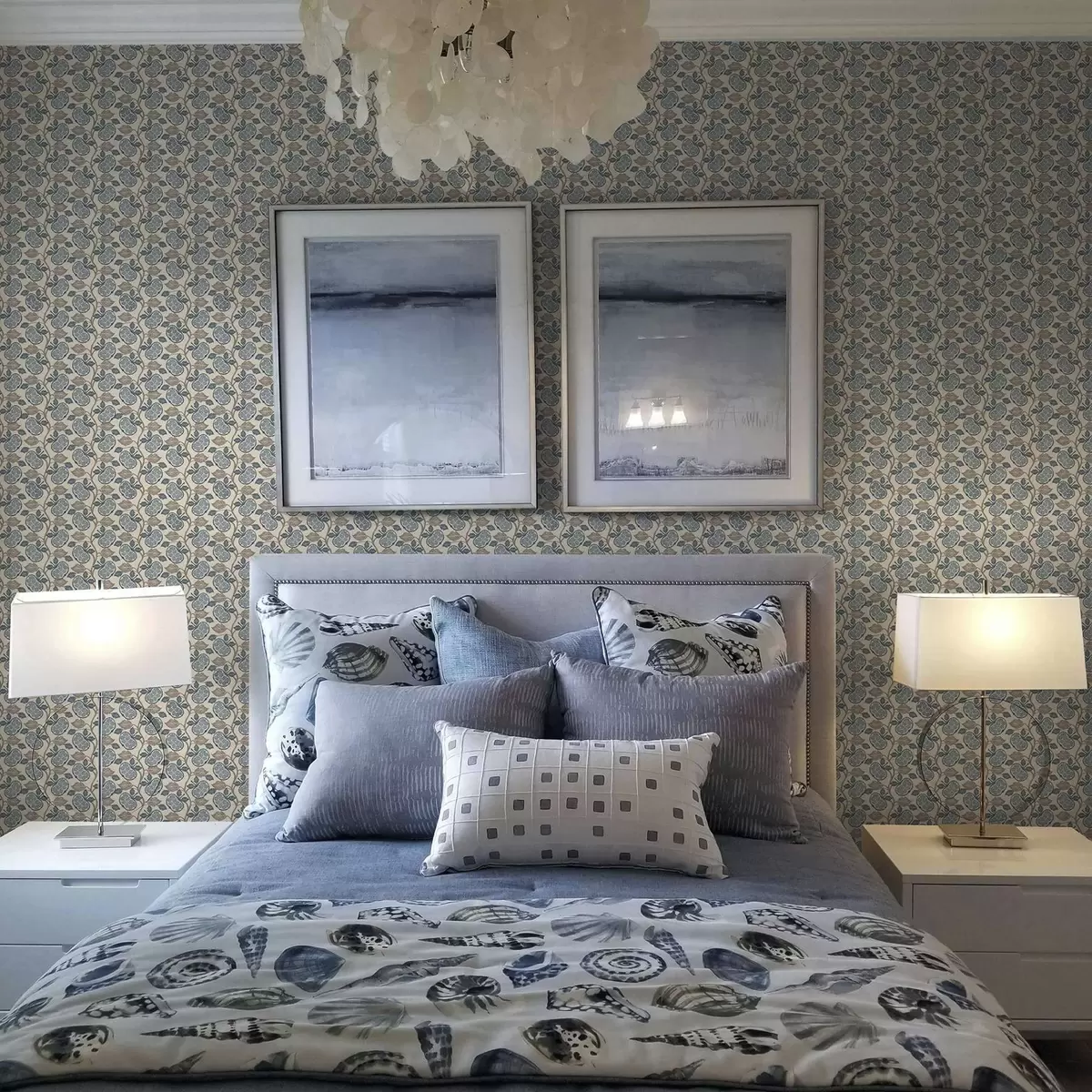 Behang Symmetrisch patroon met blauwe en beige elementen a00360