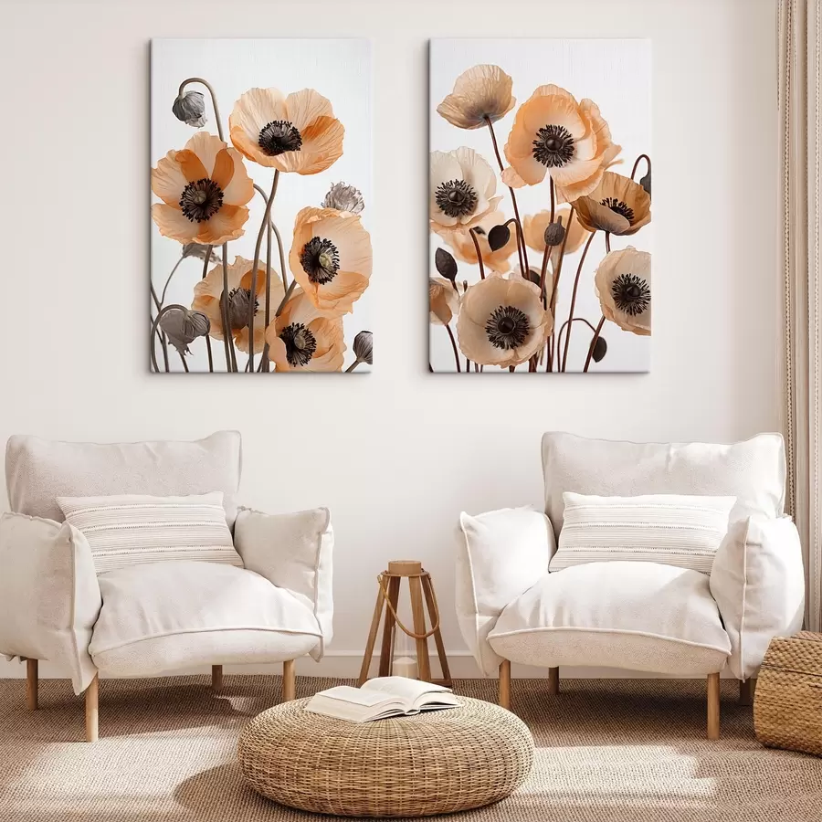  Peintures Coquelicots orange, fleurs séchées sur fond clair, éclairage doux, pétales délicats, arrangement floral m00518