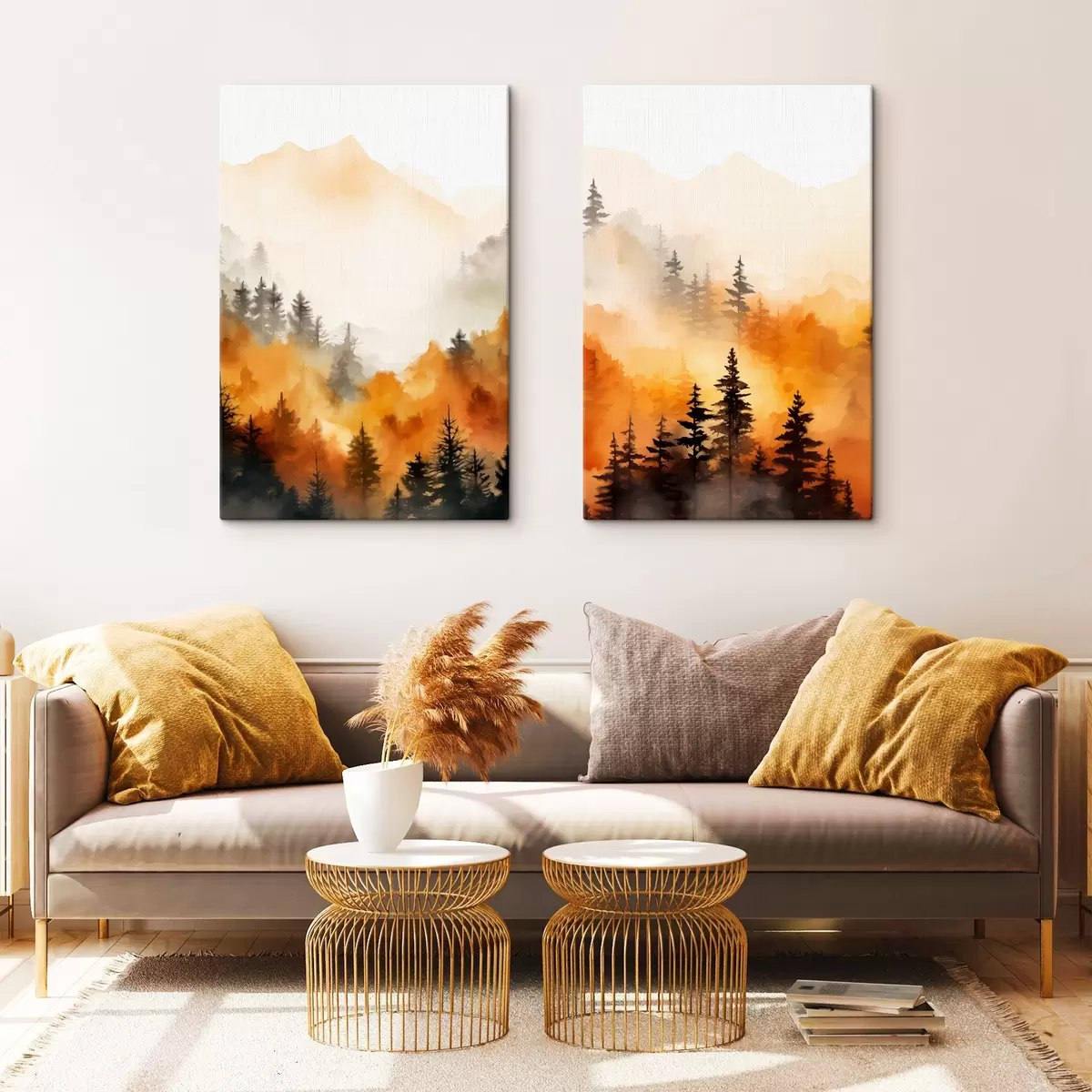  Schilderijen Een landschap aquarel imitatie van een bos met hoge pijnbomen en bergen op de achtergrond m00519