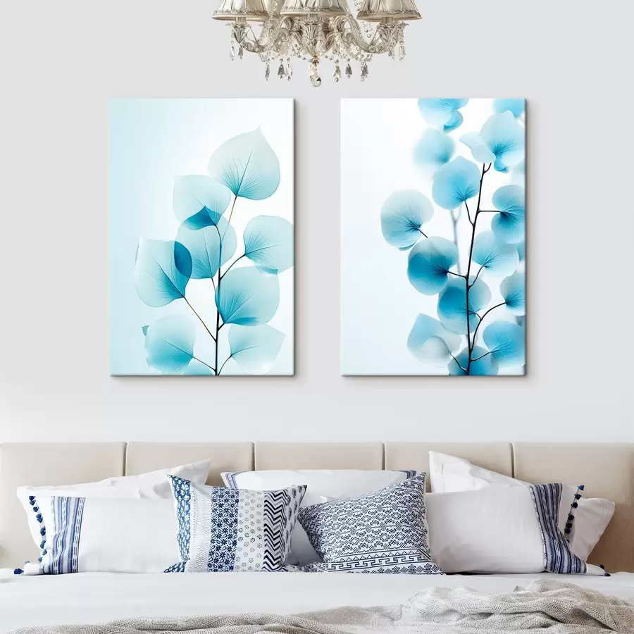  Peintures Branche avec des feuilles bleues translucides, veines délicates visibles, composition légère et calme, esthétique minimaliste m00522