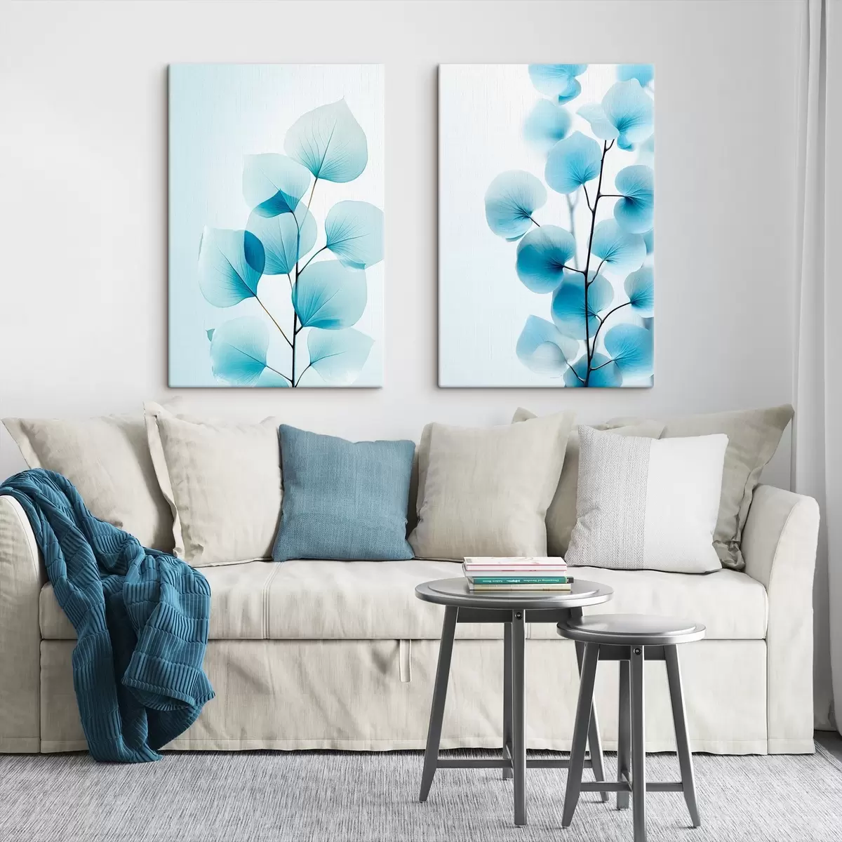  Peintures Branche avec des feuilles bleues translucides, veines délicates visibles, composition légère et calme, esthétique minimaliste m00522