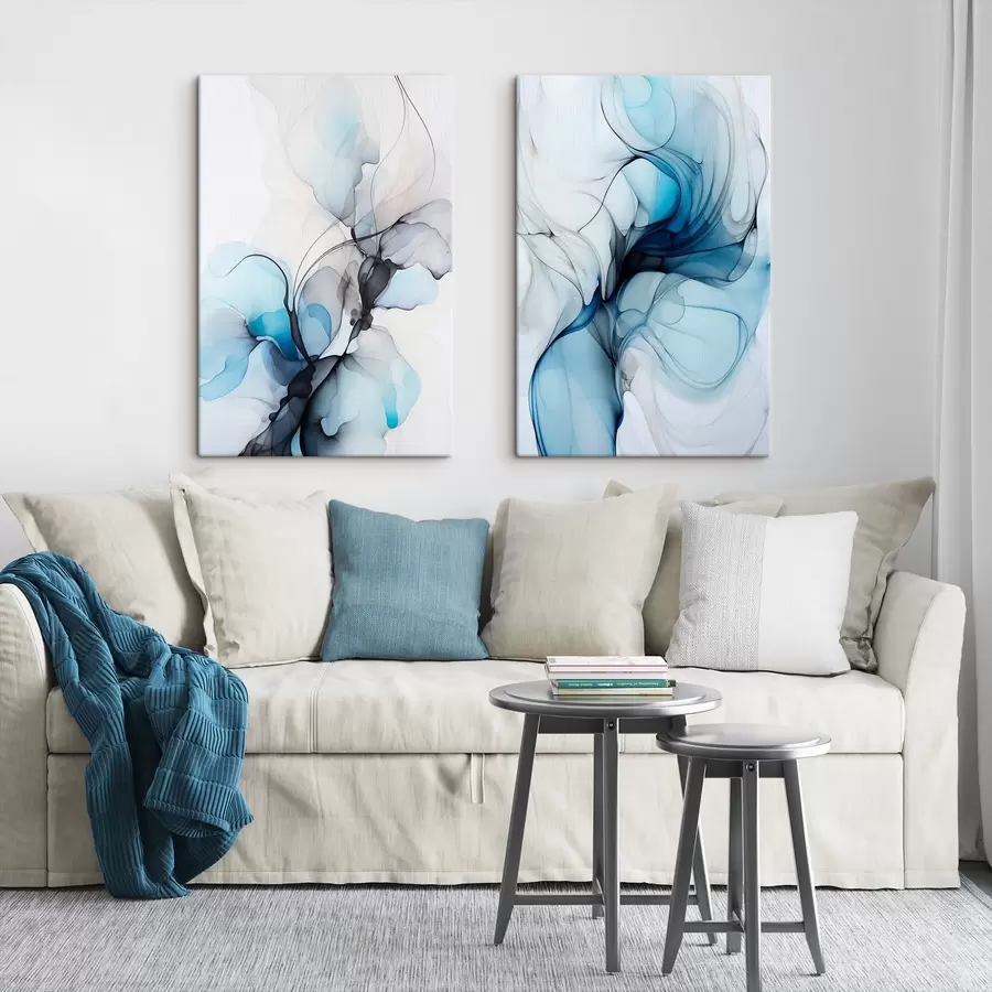  Peintures Composition abstraite avec des lignes fluides et des pétales translucides dans les tons bleu blanc et beige, imitation encre à l'alcool m00523