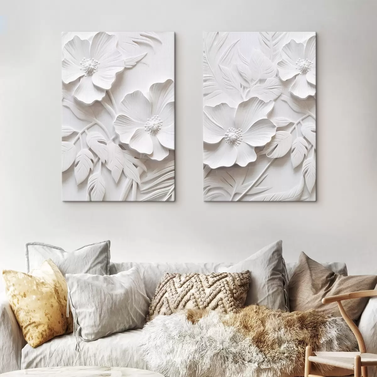  Peintures Fleurs blanches décoratives minimalistes avec feuilles, imitation relief, fond blanc m00524