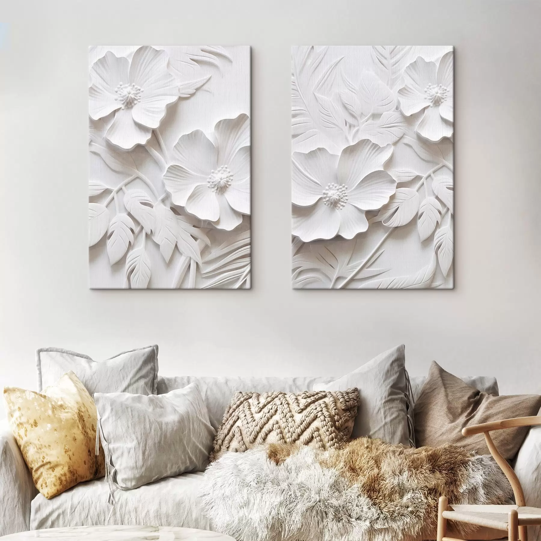  Schilderijen Decoratieve minimalistische witte bloemen met bladeren, reliëfimitatie, witte achtergrond m00524