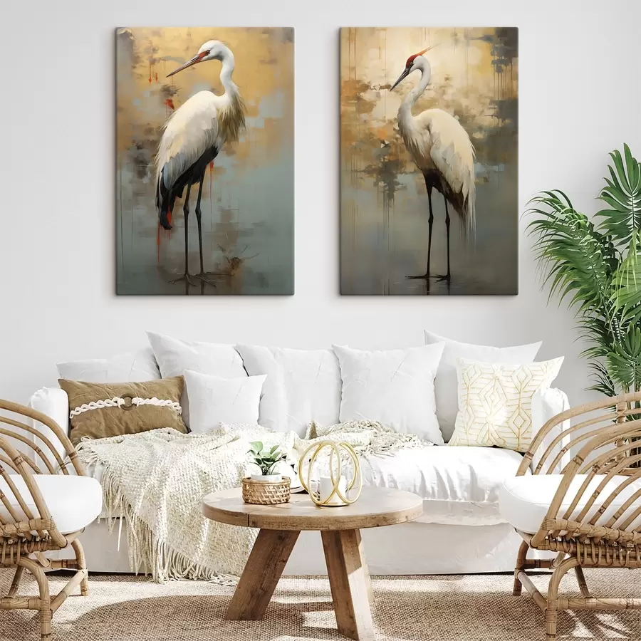  Schilderijen Witte reiger tegen een achtergrond van gedempte gele, bruine en blauwe tinten die een mistig, abstract landschap suggereren m00530