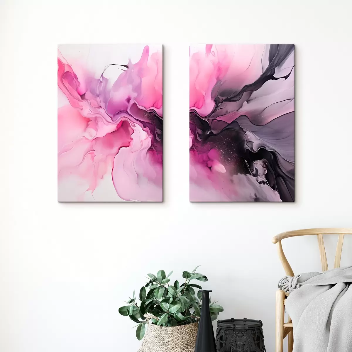  Peintures Des tourbillons abstraits de rose, de violet et de noir se fondent dans une composition fluide et organique, créant une impression de mouvement m00532