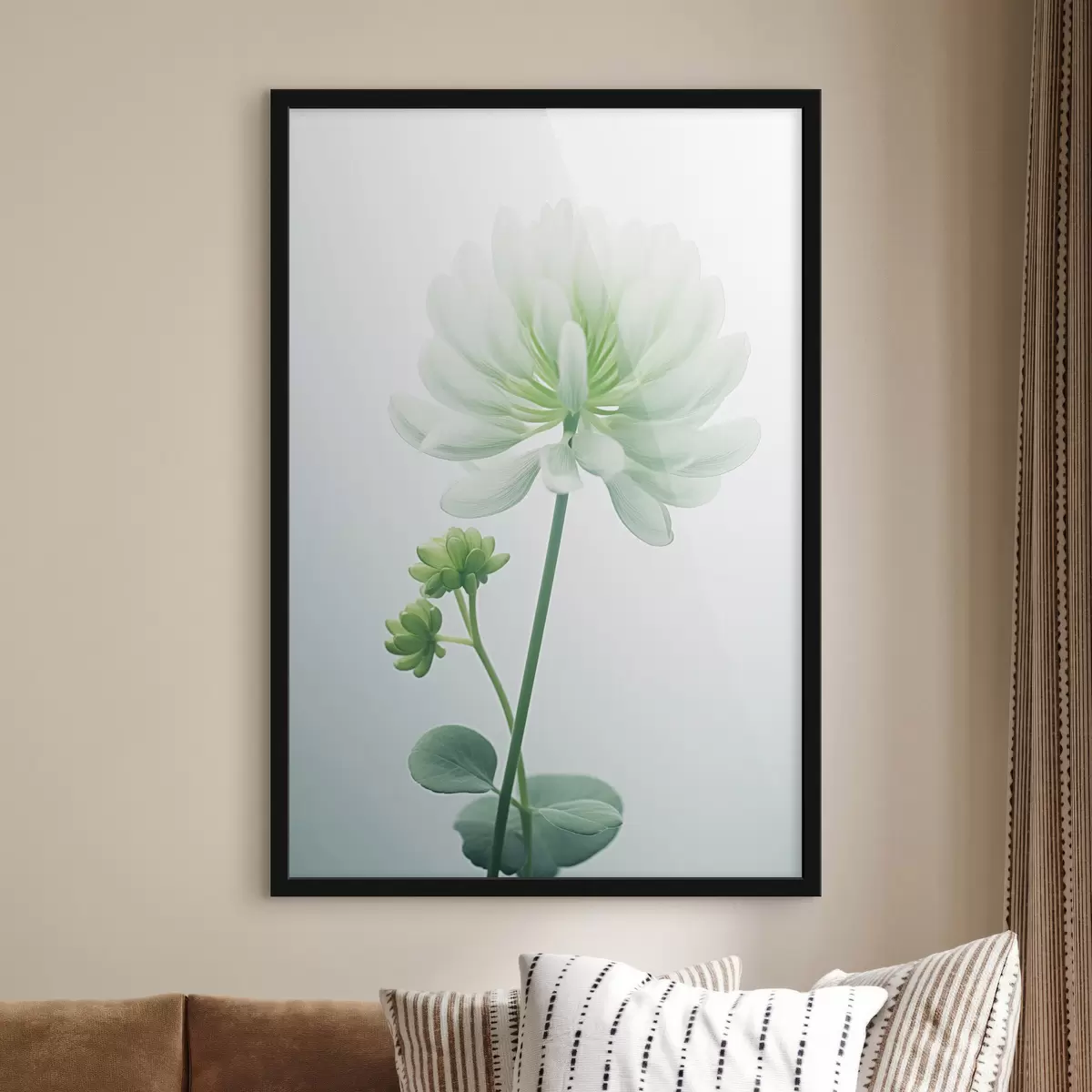 Poster Witte klaver bloem met groene stengel en bladeren, zachte verlichting, schone achtergrond, minimalistische compositie, botanisch f45171