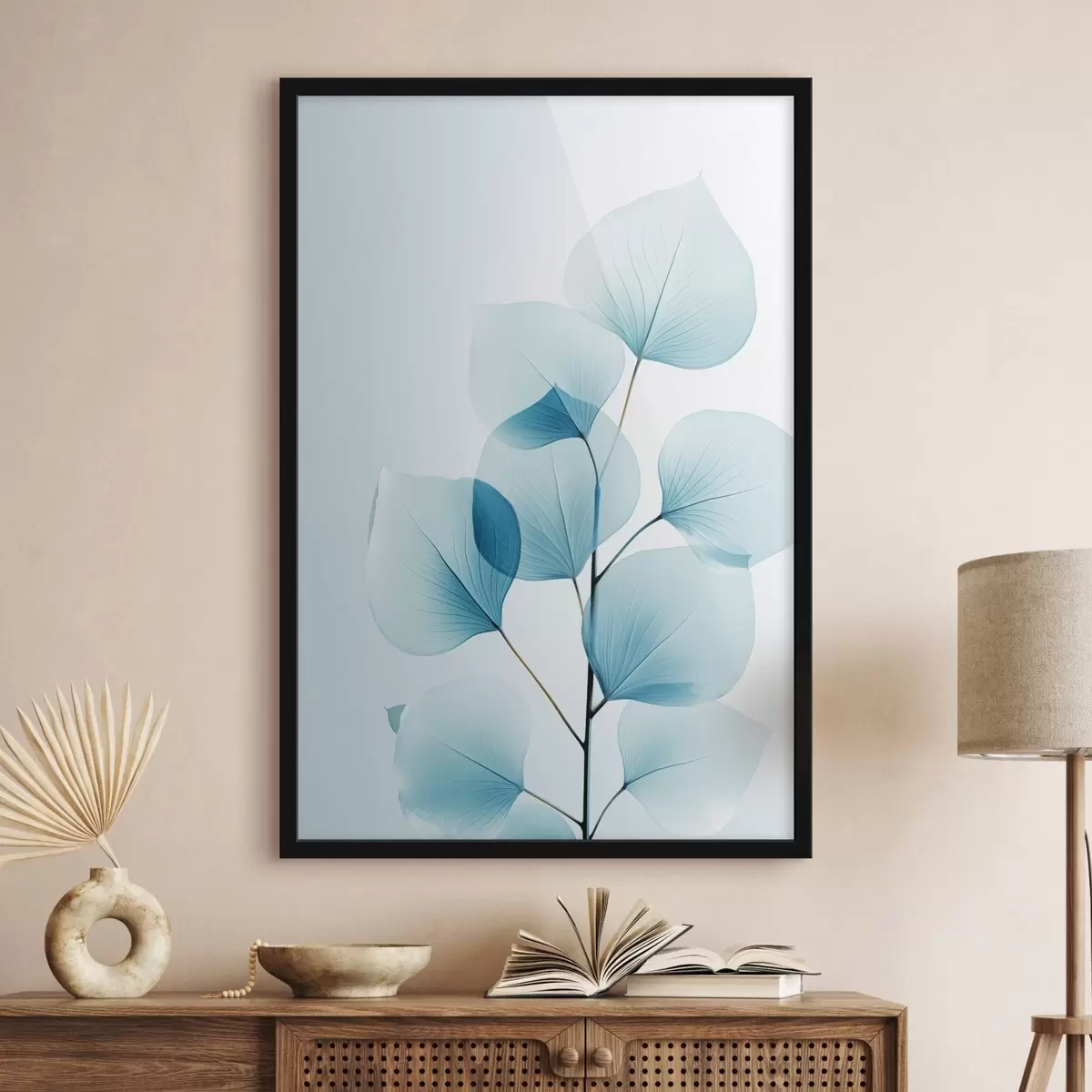 Poster Tak met doorschijnende blauwe bladeren, fijne nerven zichtbaar, lichte en rustige compositie, minimalistische esthetiek f45175