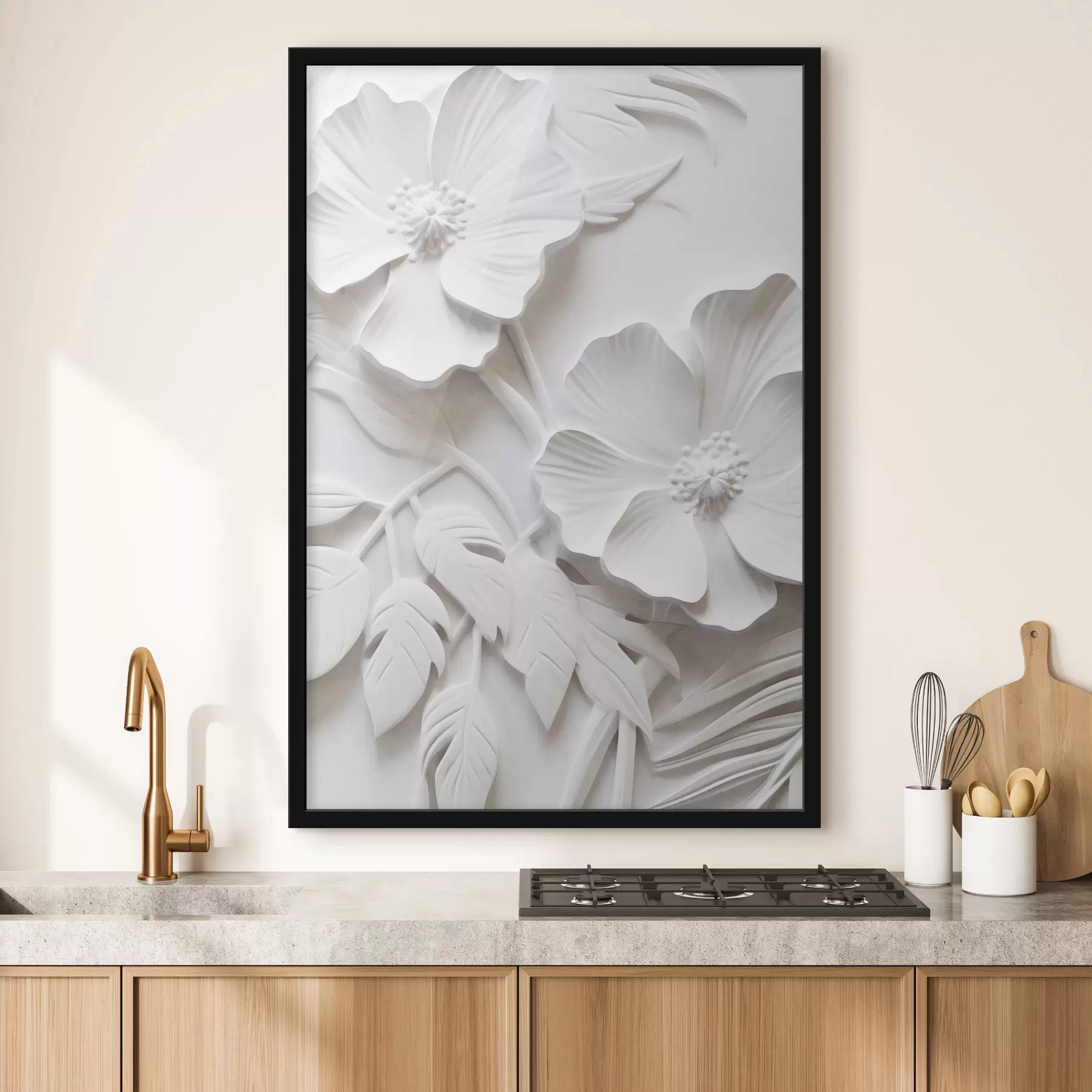 Fotobehang Decoratieve minimalistische witte bloemen met bladeren, reliëfimitatie, witte achtergrond f45179