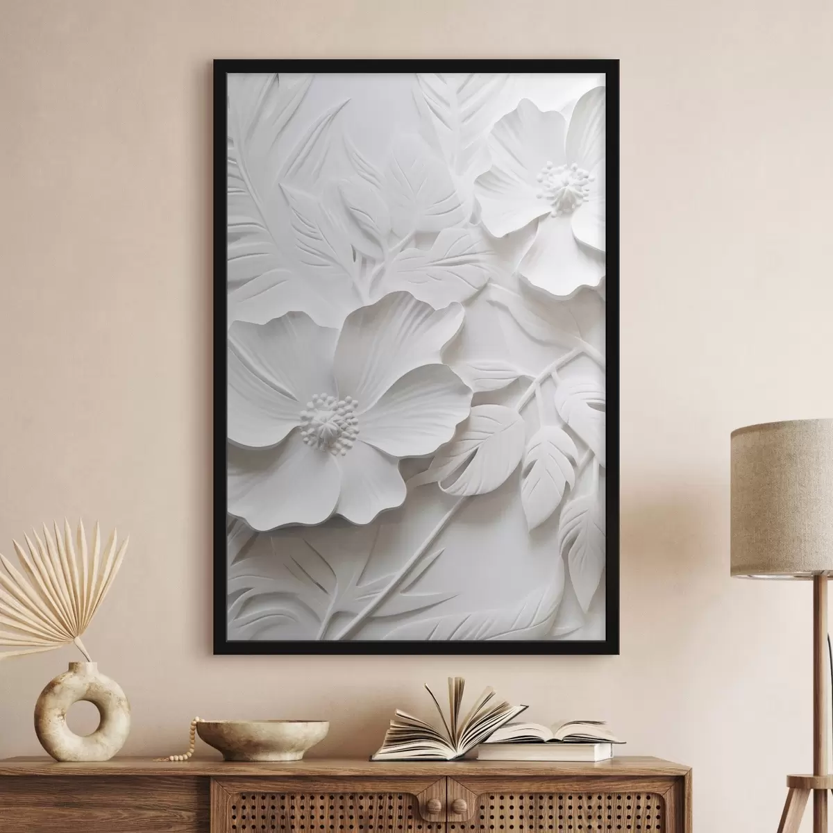 Affiche Fleurs blanches décoratives minimalistes avec feuilles, imitation relief, fond blanc f45180