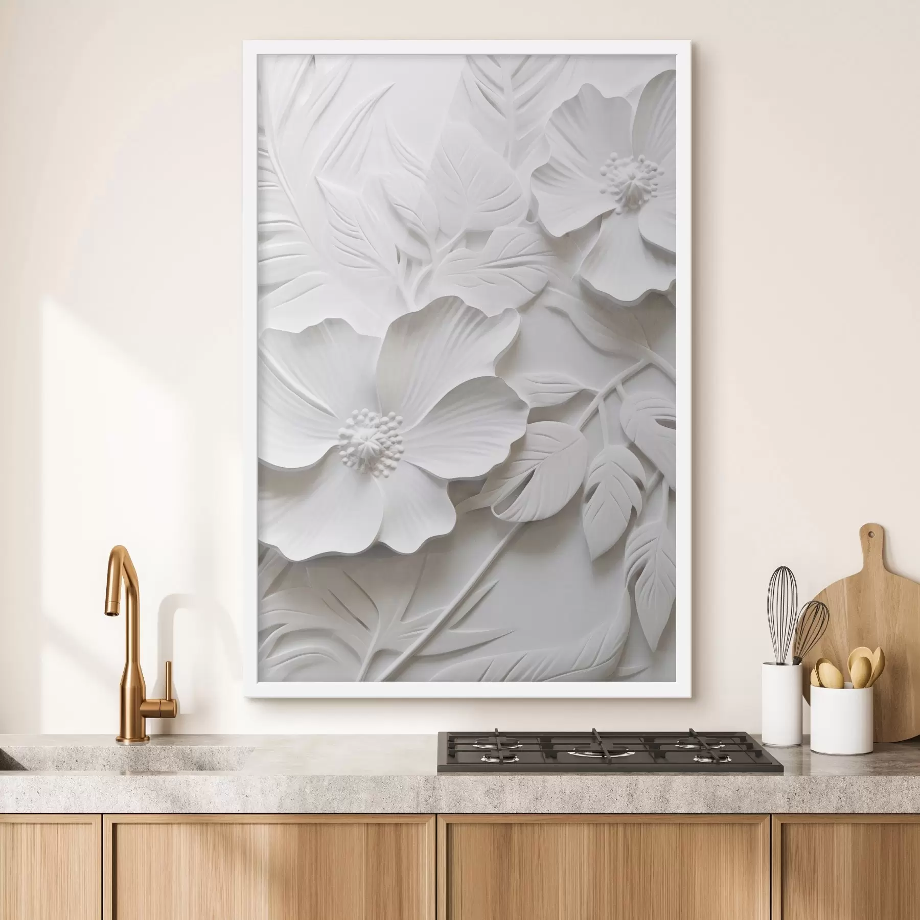 Papier peint photo Fleurs blanches décoratives minimalistes avec feuilles, imitation relief, fond blanc f45180