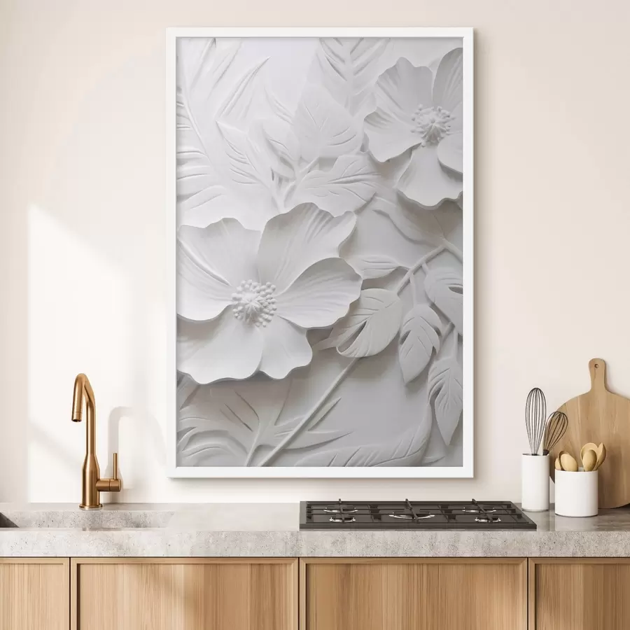 Papier peint photo Fleurs blanches décoratives minimalistes avec feuilles, imitation relief, fond blanc f45180