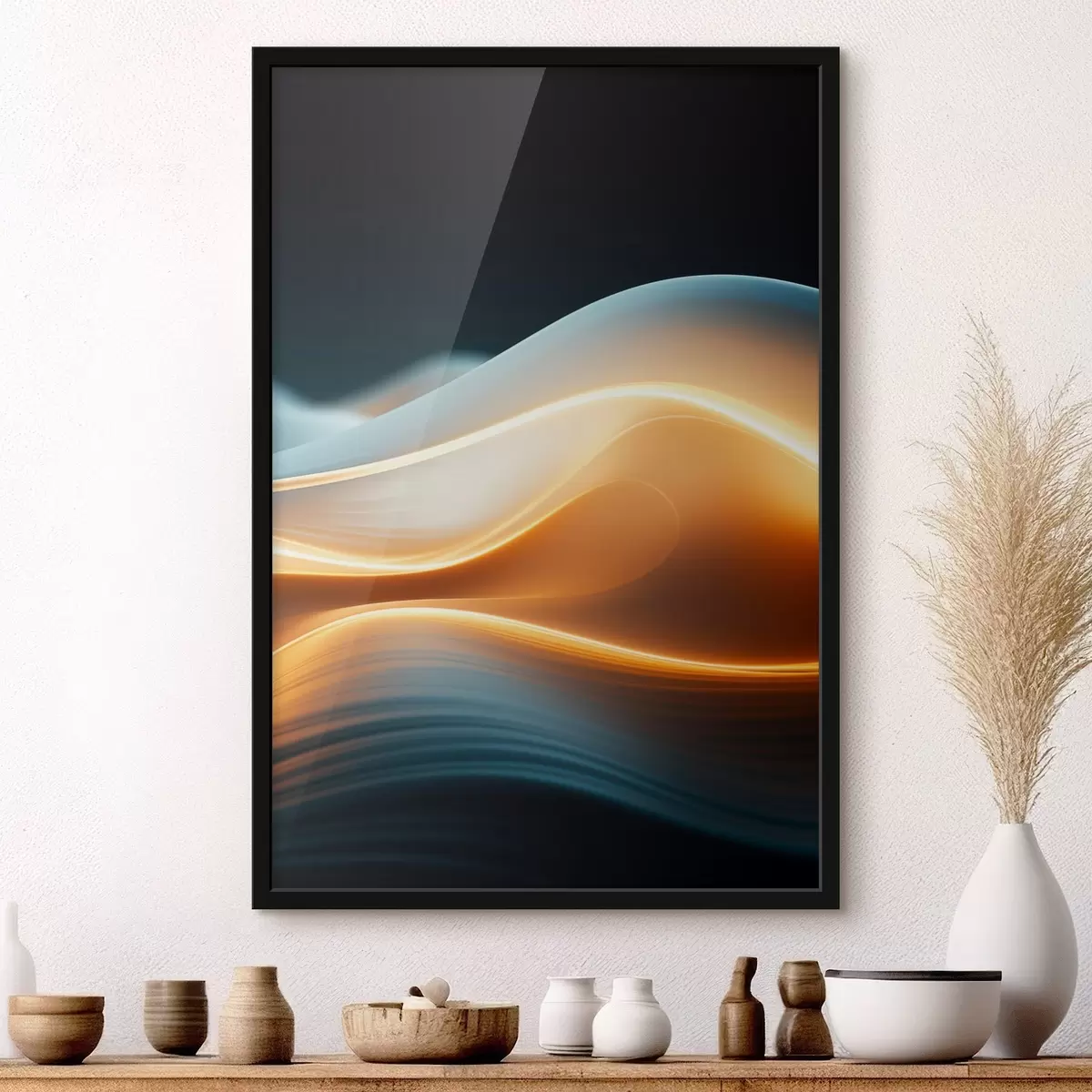 Affiche Formes abstraites et fluides avec des lignes orange, courbes et lignes douces, composition dynamique, fond sombre f45183