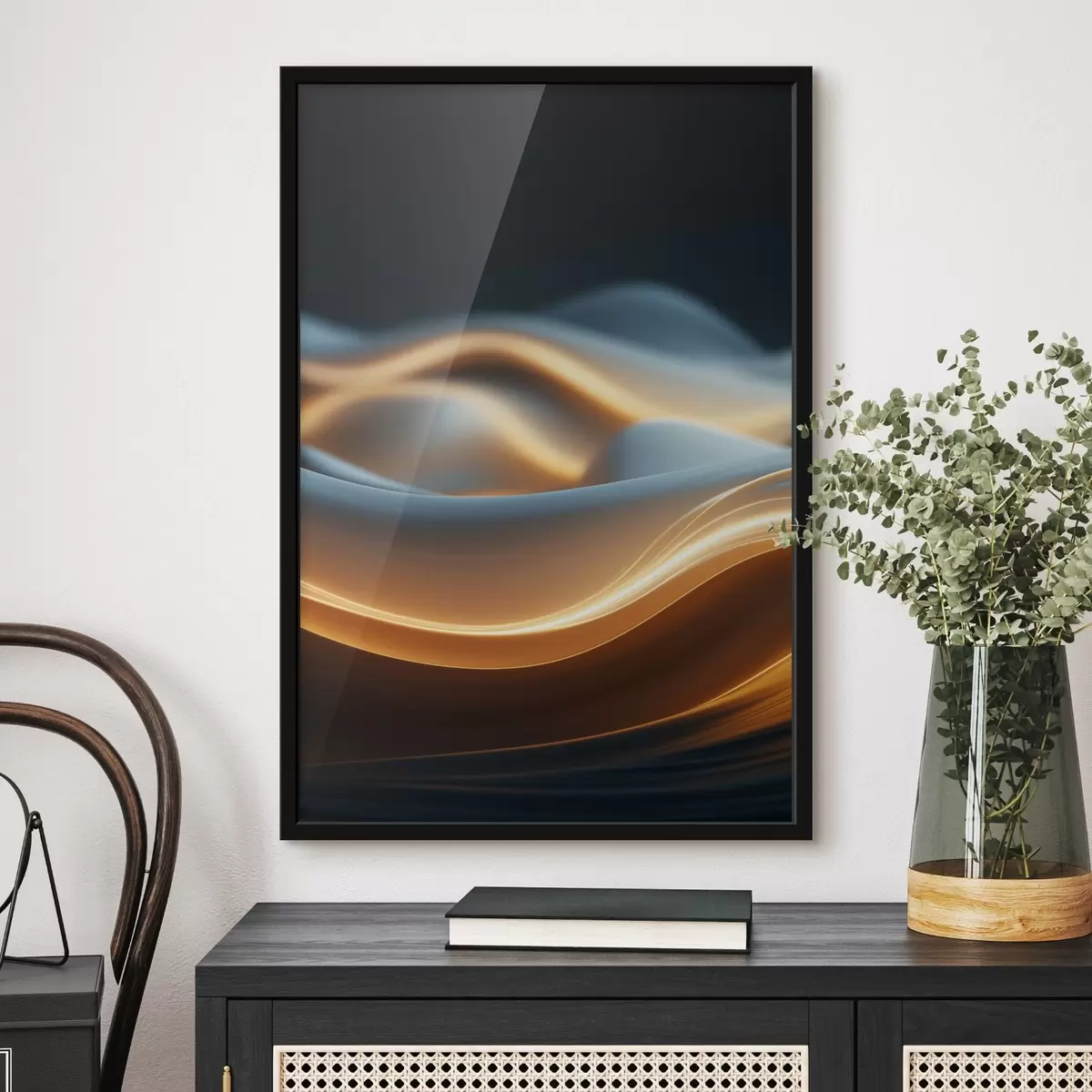 Affiche Formes abstraites et fluides avec des lignes orange, courbes et lignes douces, composition dynamique, fond sombre f45184