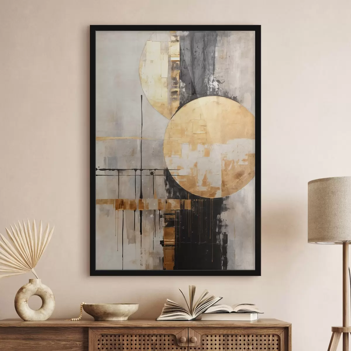 Poster Abstract schilderij met cirkels, zwarte en gele lijnen en een achtergrond met grijze en witte tinten f45185