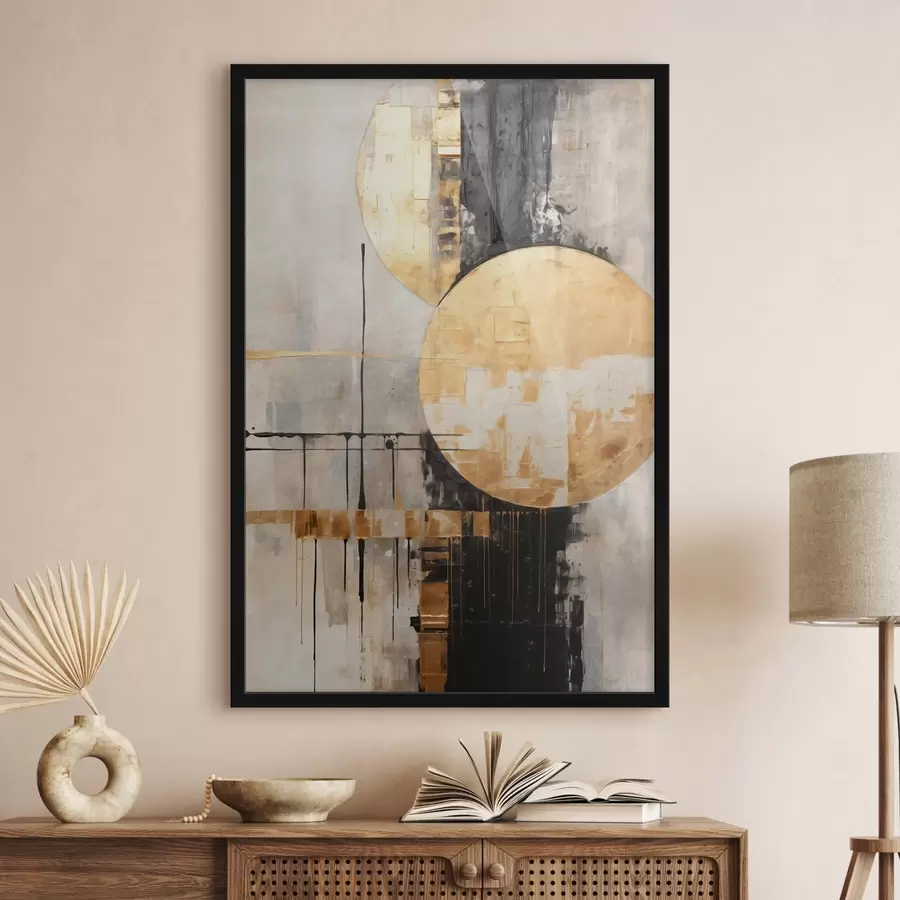 Papier peint photo Peinture abstraite avec des cercles, des lignes noires et jaunes, et un arrière-plan dans les tons gris et blancs f45185