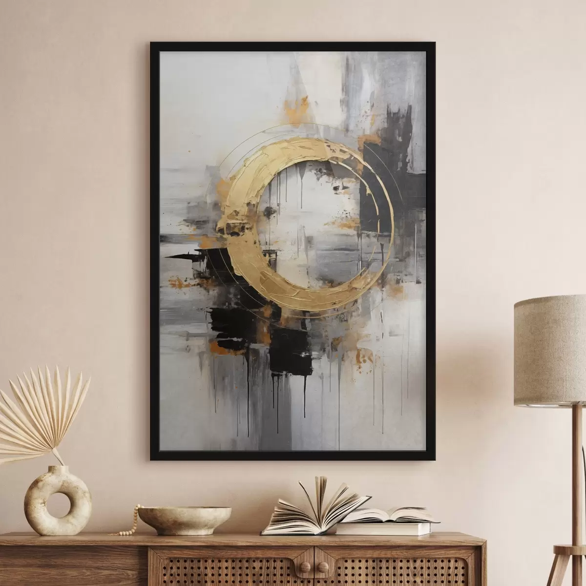 Poster Abstract schilderij met cirkels, zwarte en gele lijnen en een achtergrond met grijze en witte tinten f45186